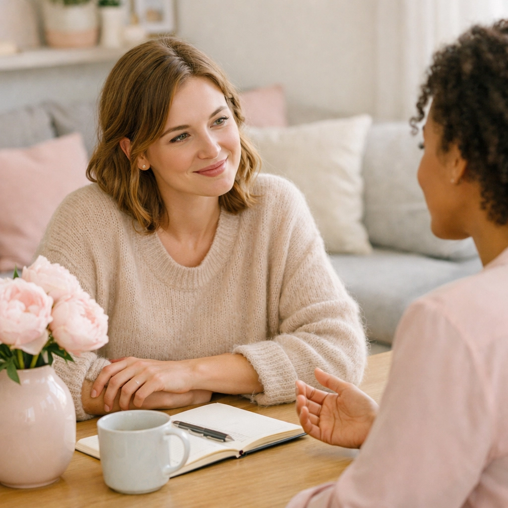 A therapist and client engaged in a supportive conversation during a counseling session to set life goals.