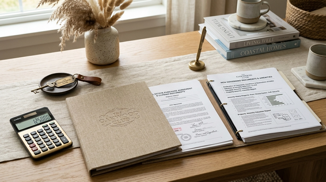 Luxury home documents with HOA paperwork, brass key, and calculator in Boho Chic style