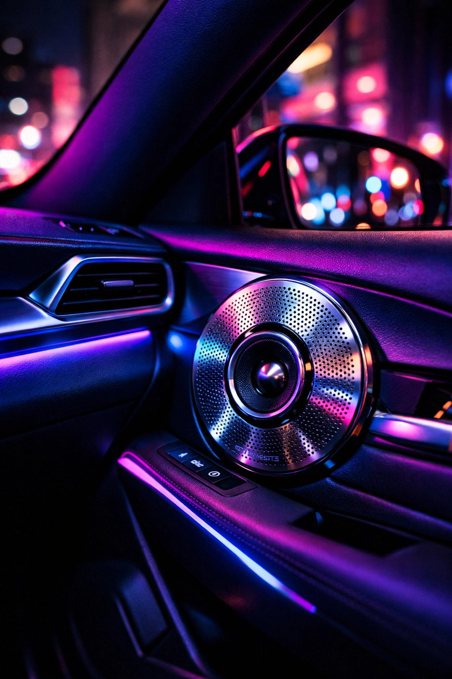 Custom car audio speakers with neon interior lighting installed by Ultimate Sounds in Chattanooga TN.