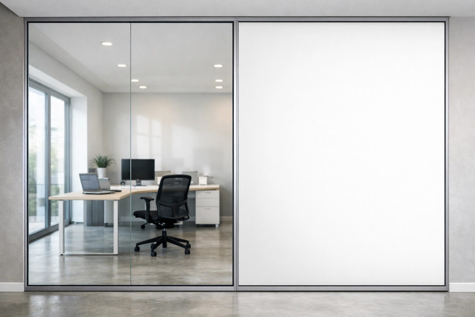 Modern office smart glass installation showing clear and frosted panels in Los Angeles workspace