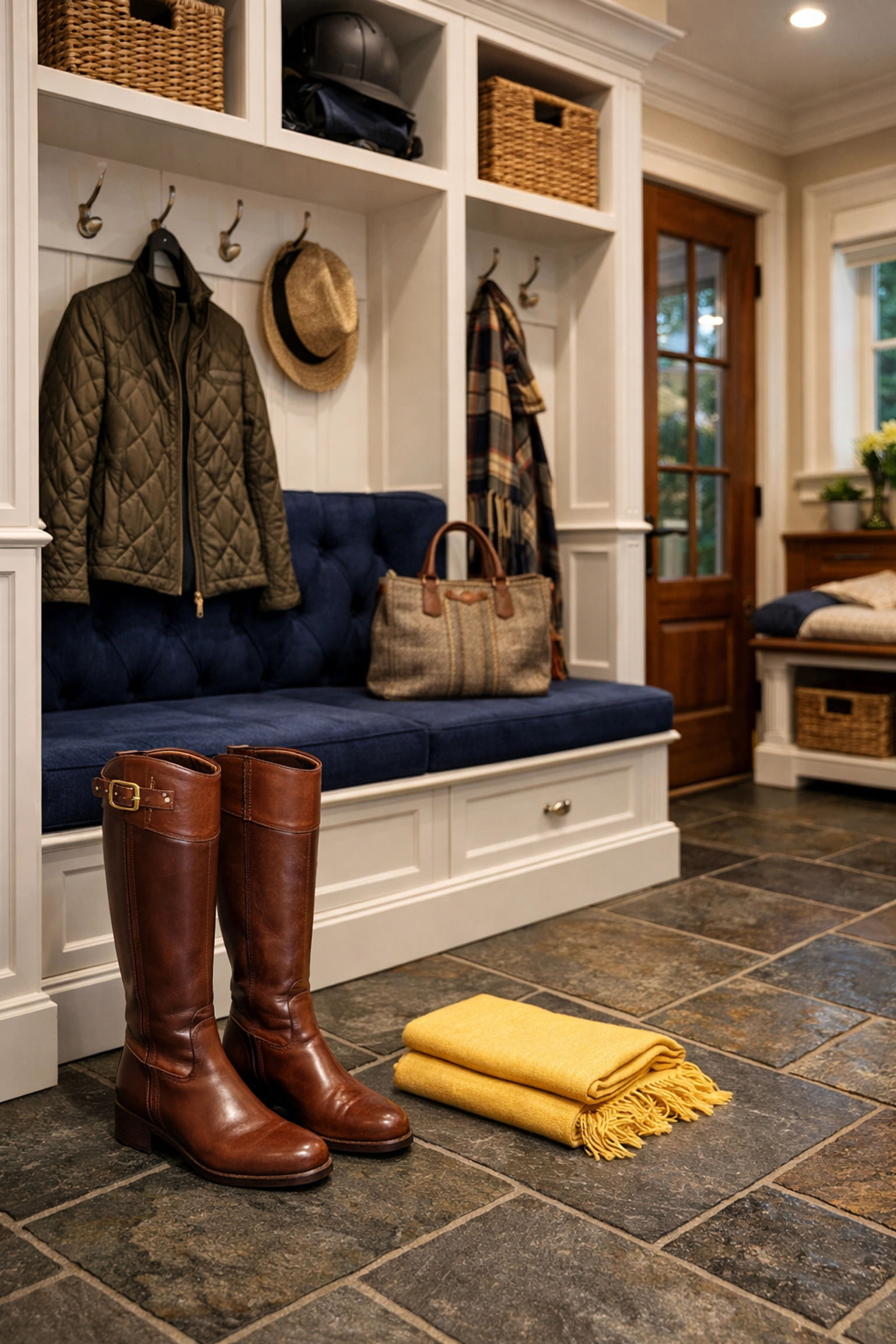 Immaculate Dover mudroom showing detailed residential cleaning Massachusetts for equestrian estate homes.