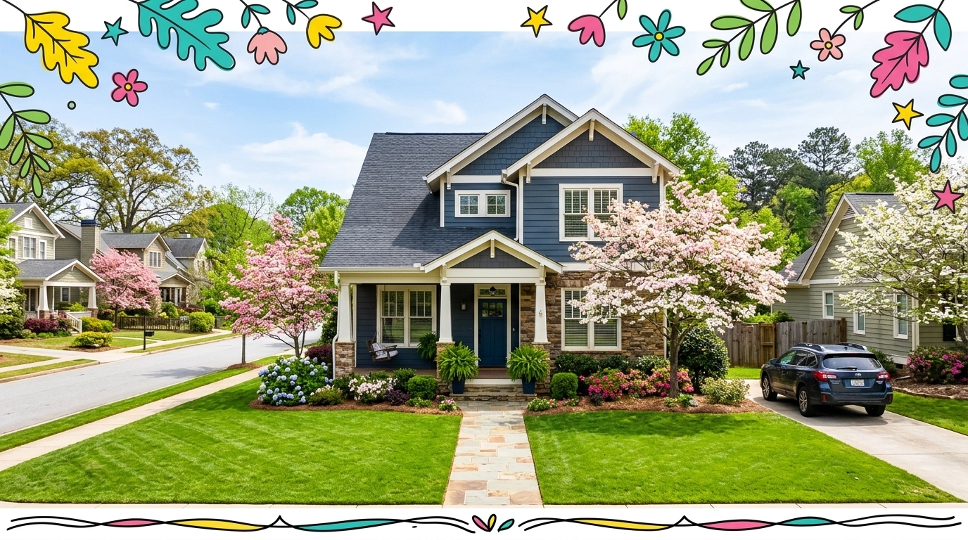 A beautiful craftsman-style home in a Dallas, Georgia neighborhood with a manicured green lawn and flowering trees. A beautiful craftsman-style home in a Dallas, Georgia neighborhood with a manicured green lawn and flowering trees.