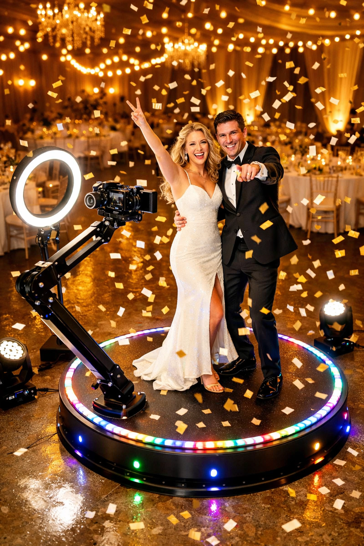 360 photo booth rental Indianapolis with couple posing on platform at wedding reception