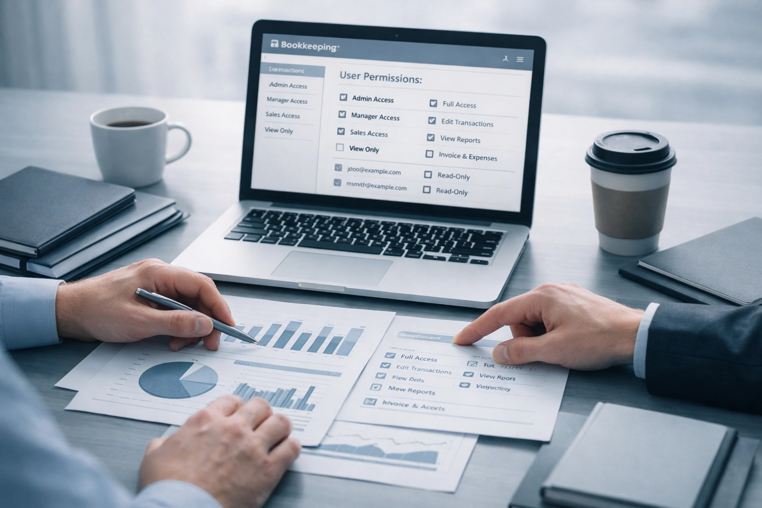 Business team collaborating on financial documents using bookkeeping software