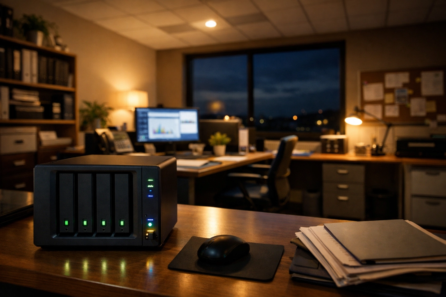 Backup server running automated backups overnight in small business office