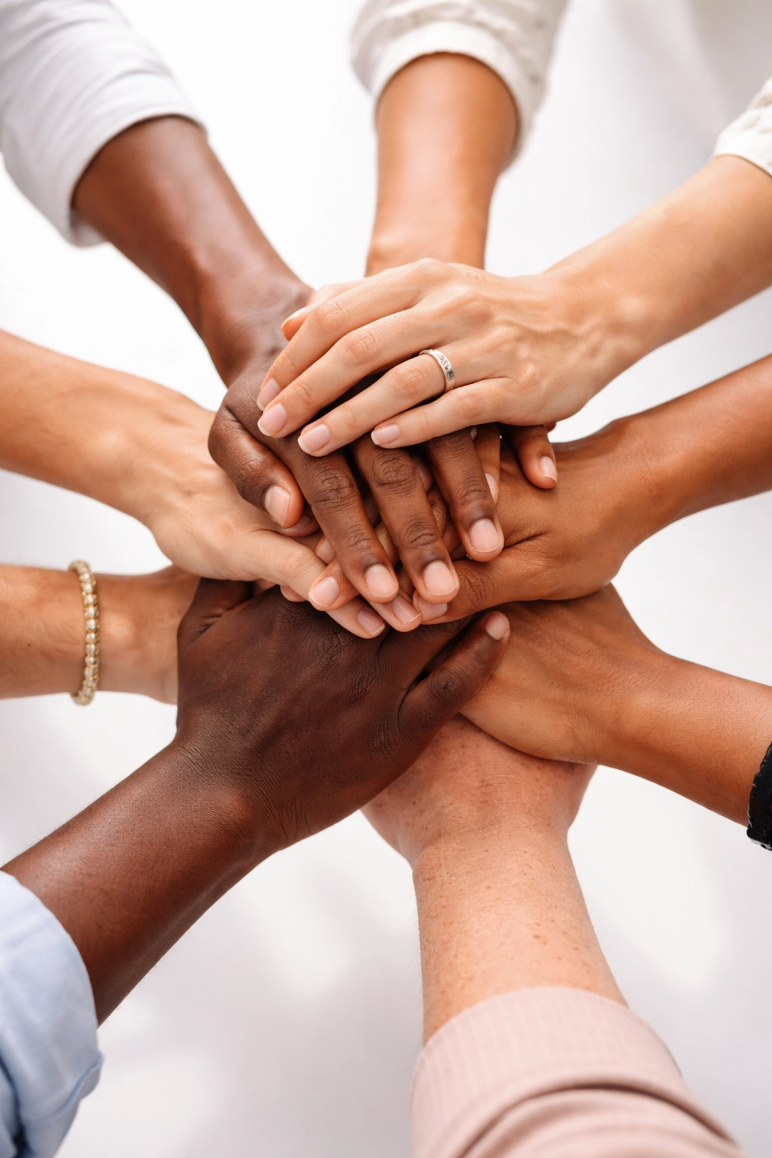 Diverse hands joined in a circle, symbolizing community support for veteran mental health and Be The One initiative.