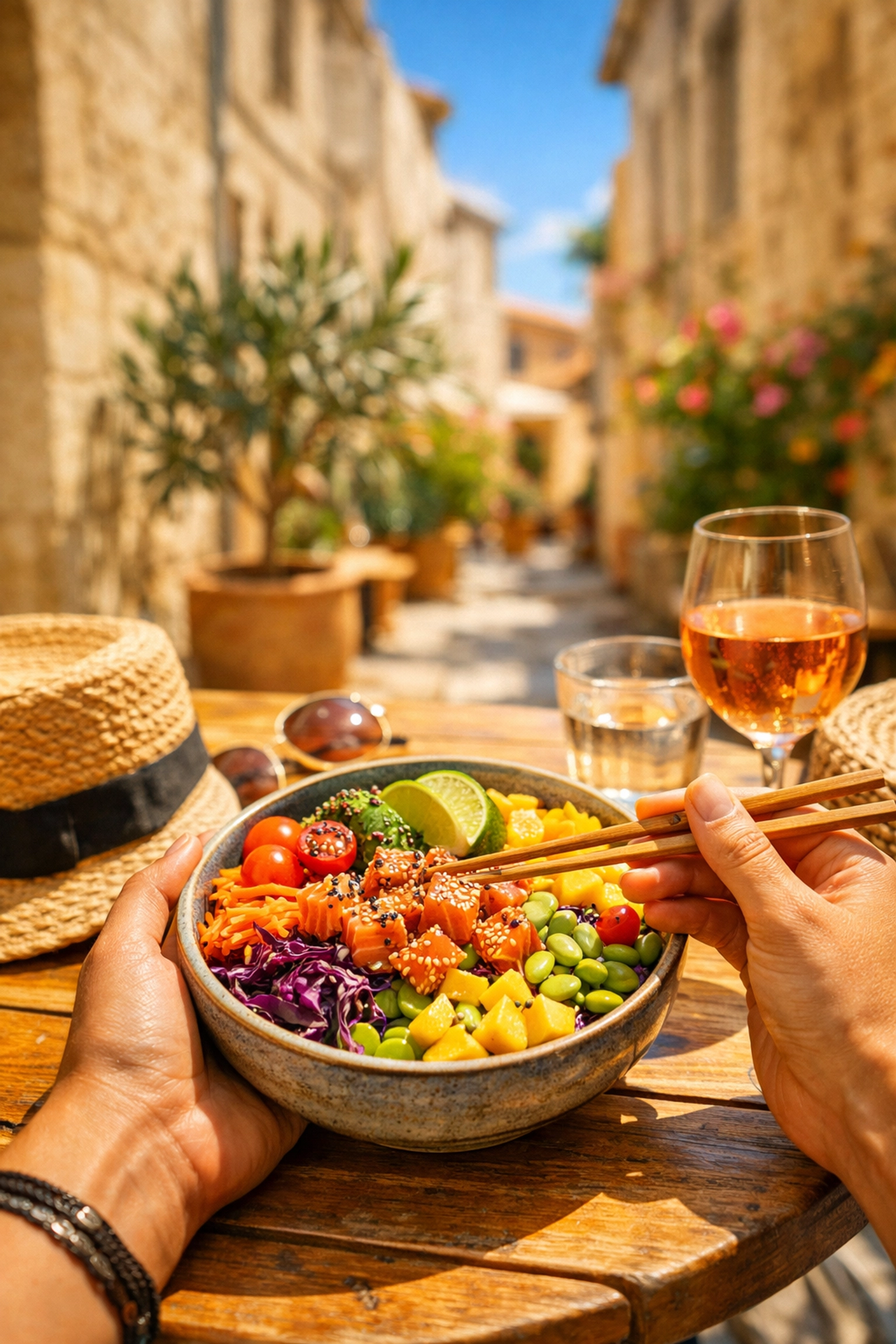 Dégustation d'un poke bowl Oh My Bowl sous le soleil dans une rue typique de Montpellier.
