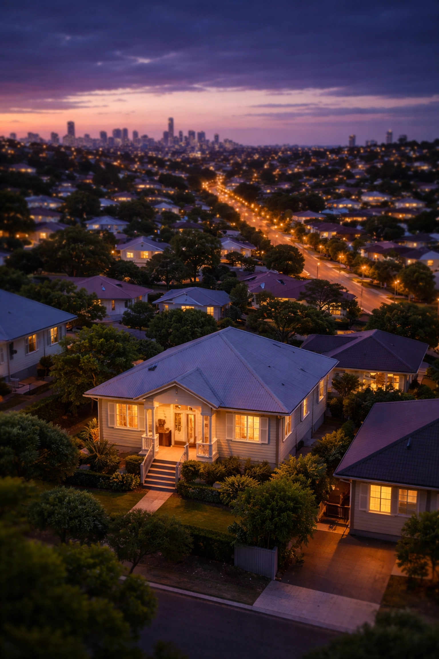 Aerial view of Brisbane suburban homes at dusk, showcasing key local real estate markets for mortgage brokers.
