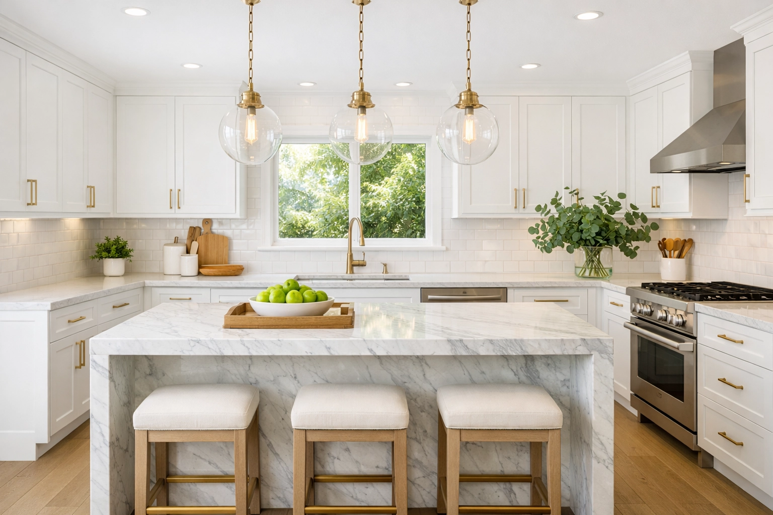 Modern renovated kitchen with marble island, showcasing a successful house flip for women investors.