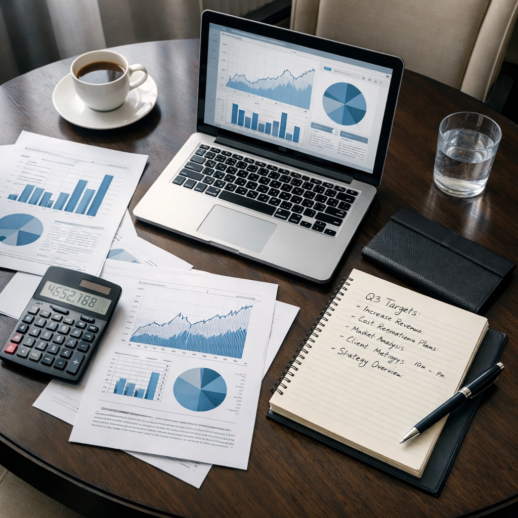 Calculating hotel PMS ROI with financial documents and performance charts