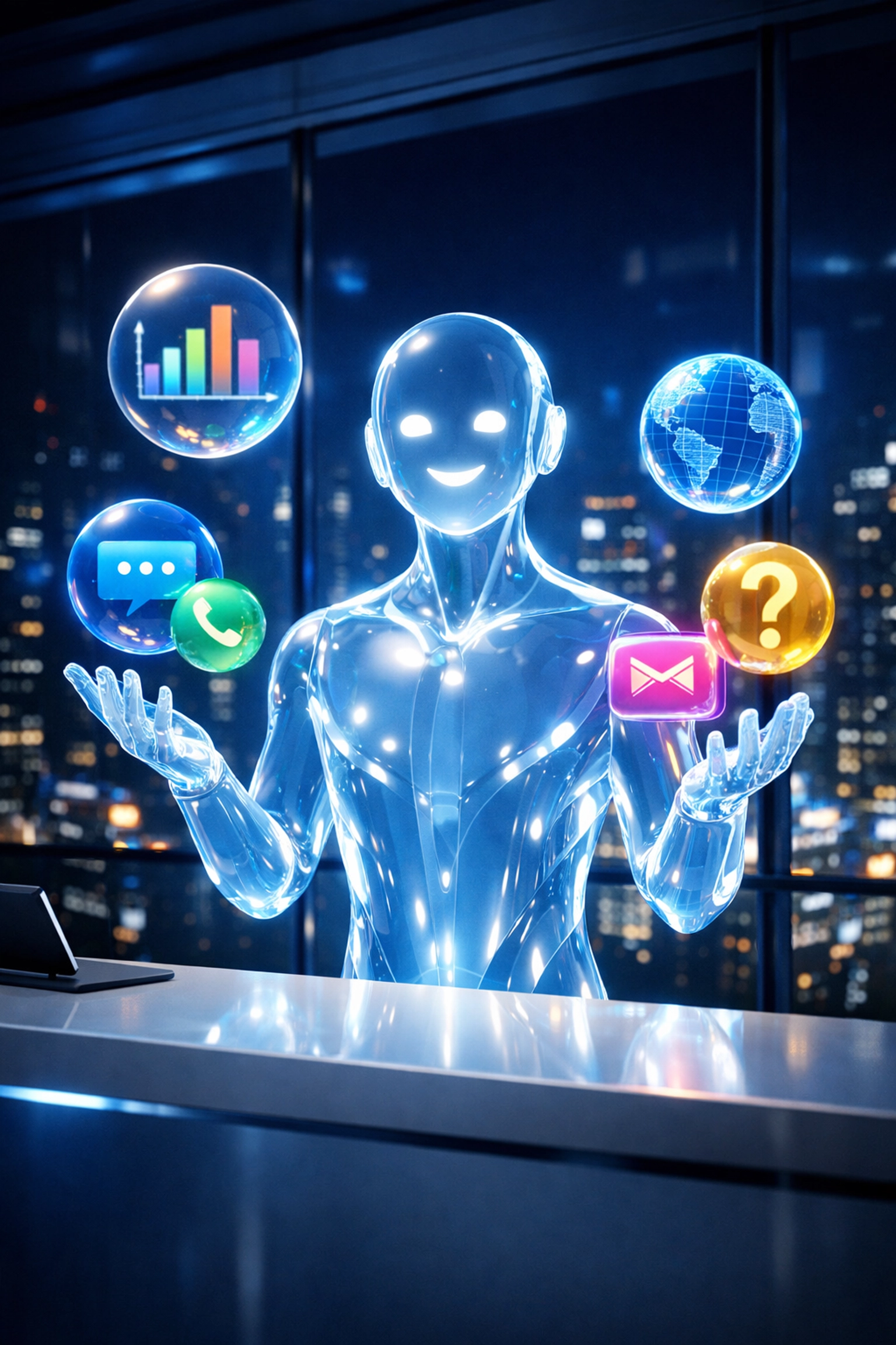 Ein digitaler AI Agent qualifiziert Anfragen für B2B Lead Gen KI in einer modernen Büroumgebung.