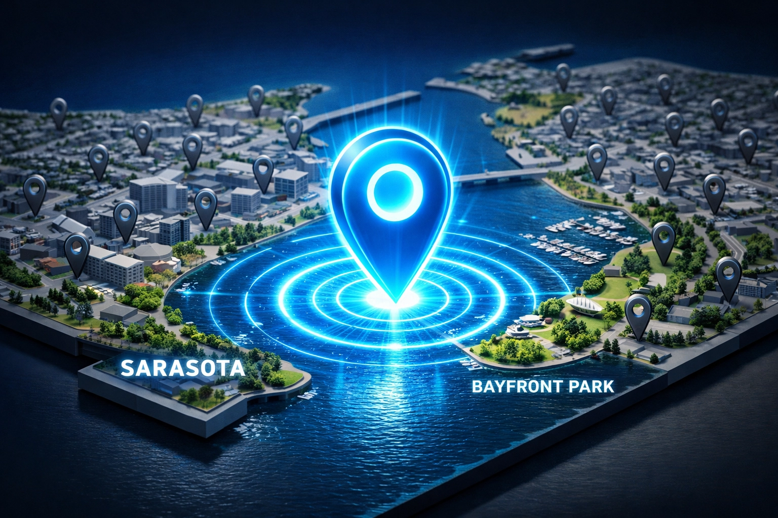 Digital map of Sarasota with a glowing pin showing optimized Google Business Profile categories standing out.