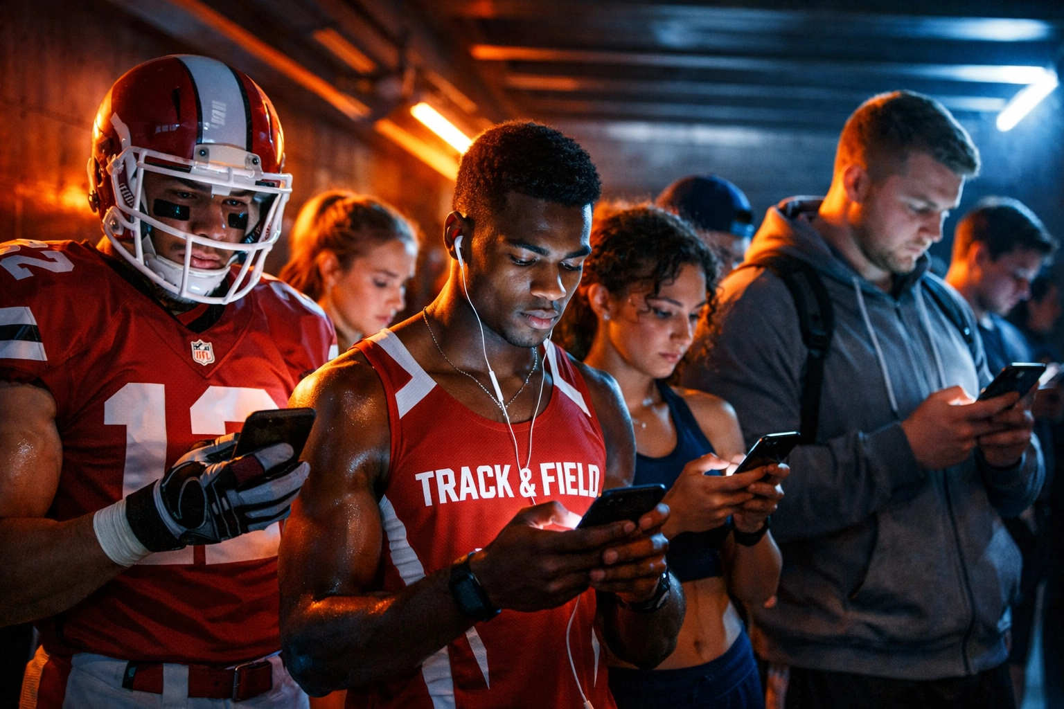 College athletes in a stadium tunnel using smartphones to engage in grassroots NIL digital marketing.
