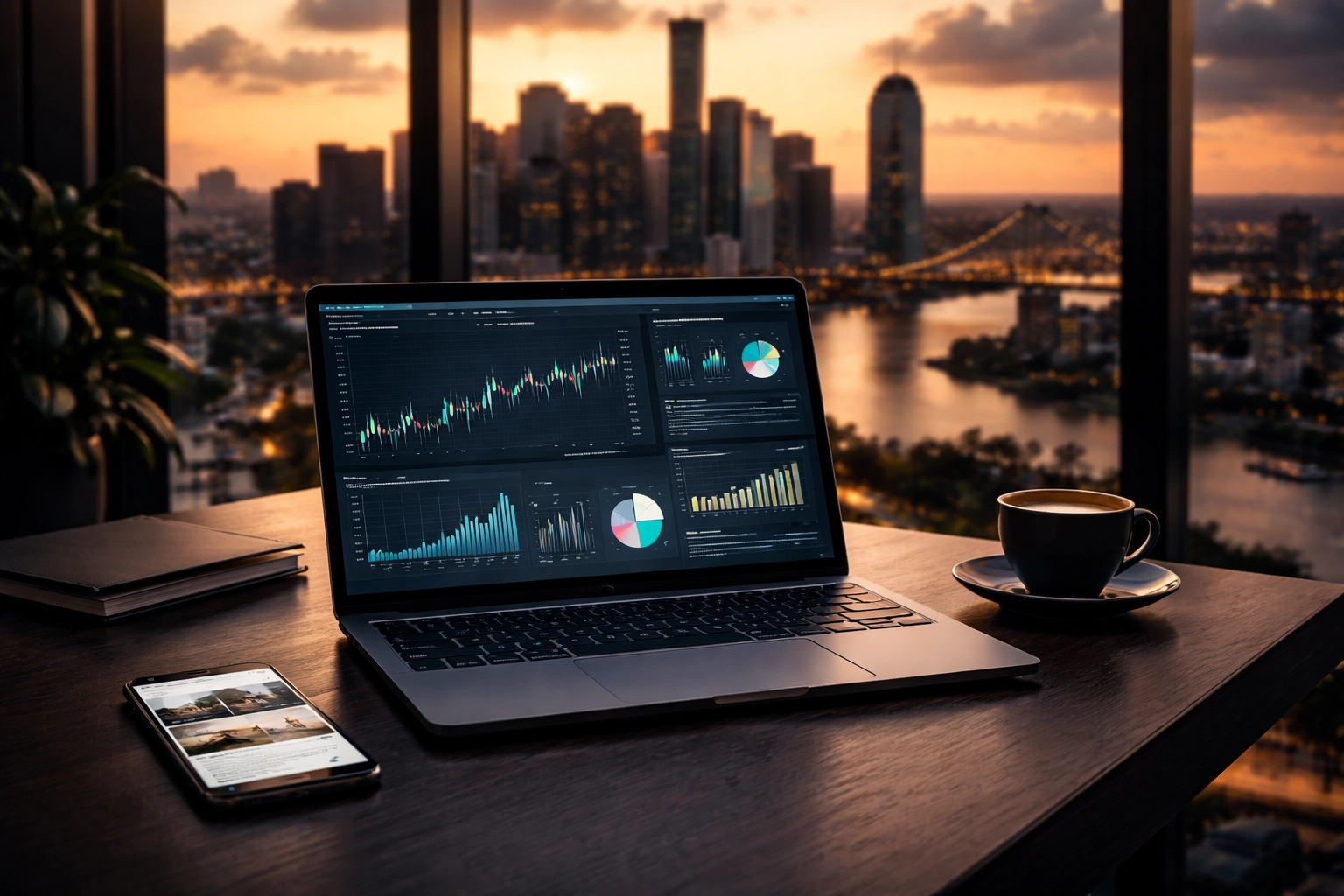 Modern laptop showing financial charts in a Brisbane office at sunset, highlighting mortgage broker website trust signals.