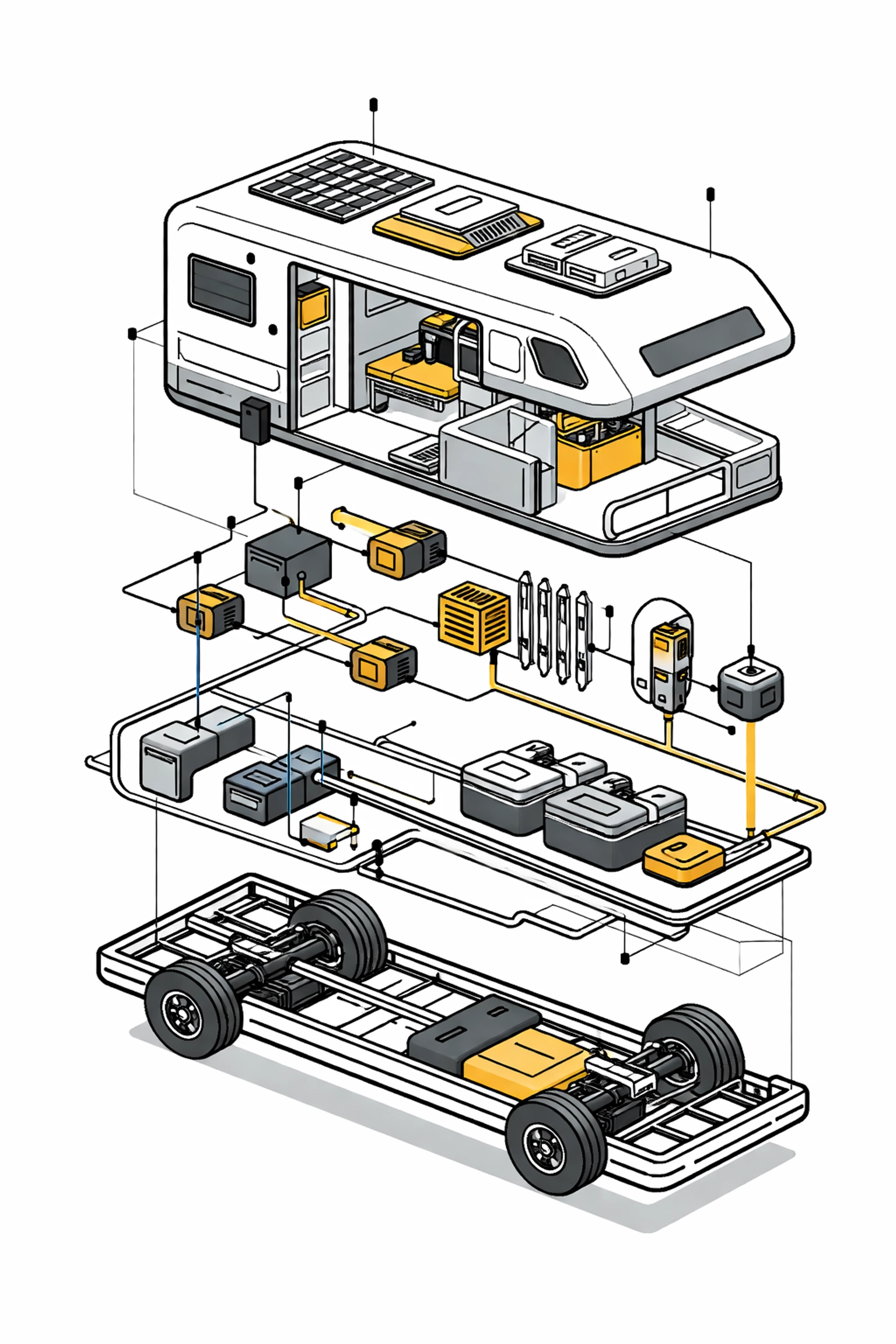 Exploded diagram of an RV showing complex systems that RV service technicians must master
