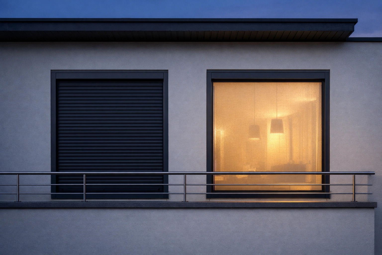 Moderne Hausfassade in Wien mit Rollladen zur Abdunkelung und elegantem Zip Screen im direkten Vergleich.