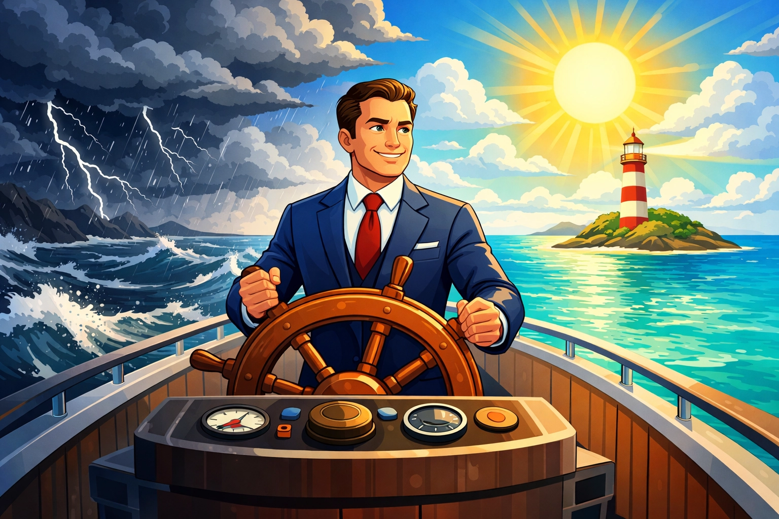 Business leader steering a ship from stormy seas toward predictable growth and stability.