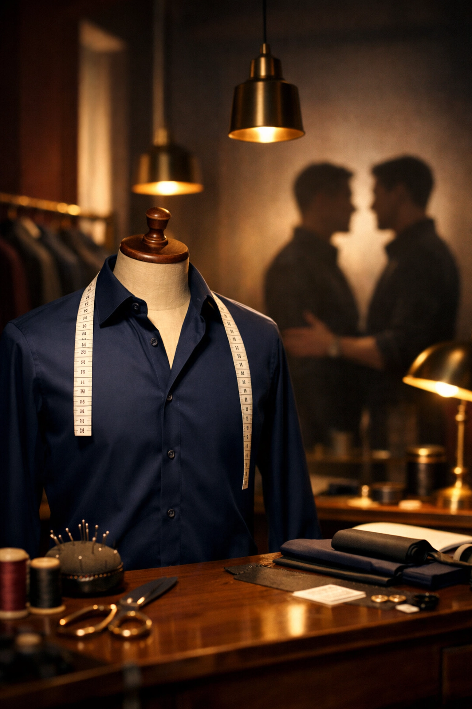 Tailor's workspace with measuring tape and couple silhouette - gay romance intimacy theme