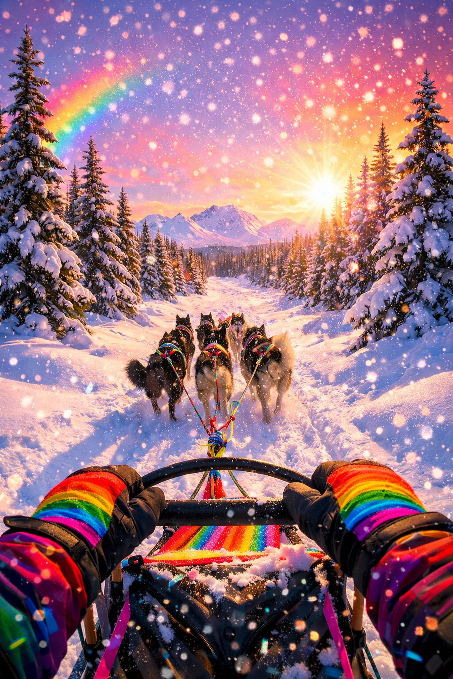 First-person view of dog sledding through pristine Yukon winter landscape with husky team