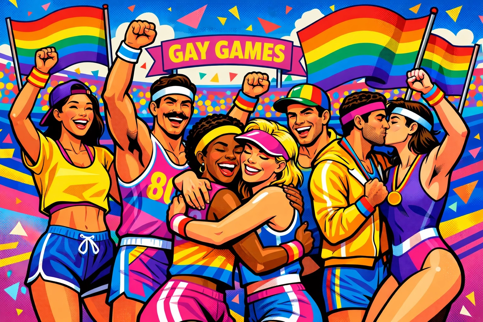 LGBTQ+ athletes celebrating at the 1980s Gay Games with rainbow flags and pride