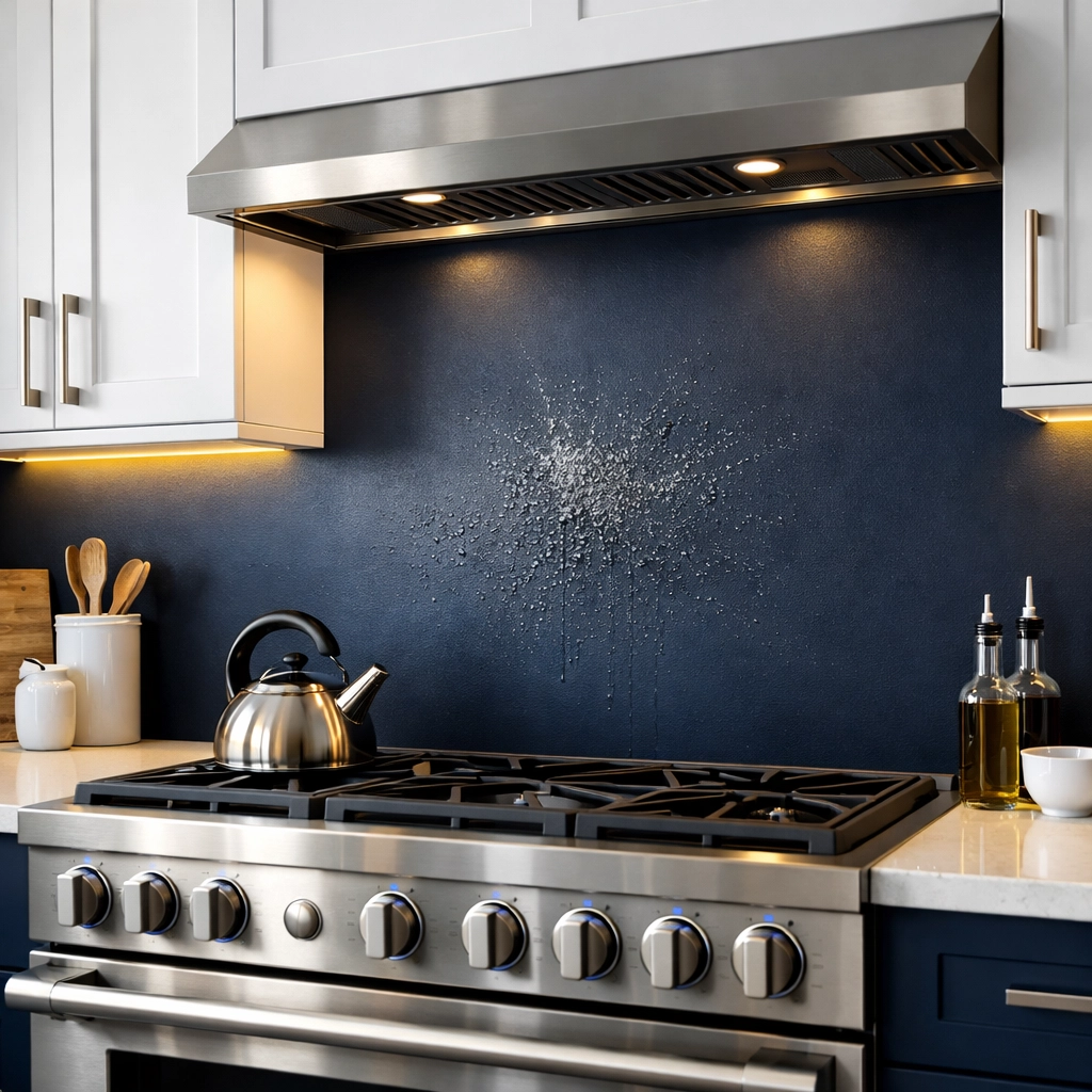 Oil and grease splatter on a navy matte kitchen wall behind a stove.
