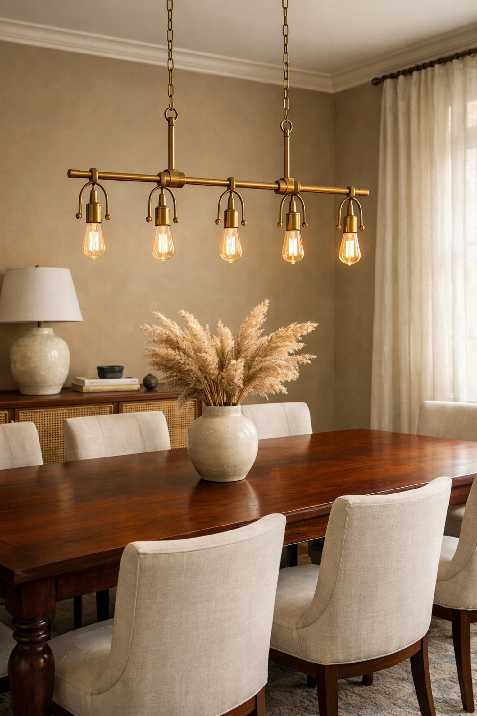 Luxury dining room with mahogany table, brass chandelier, and cream chairs in warm neutral tones