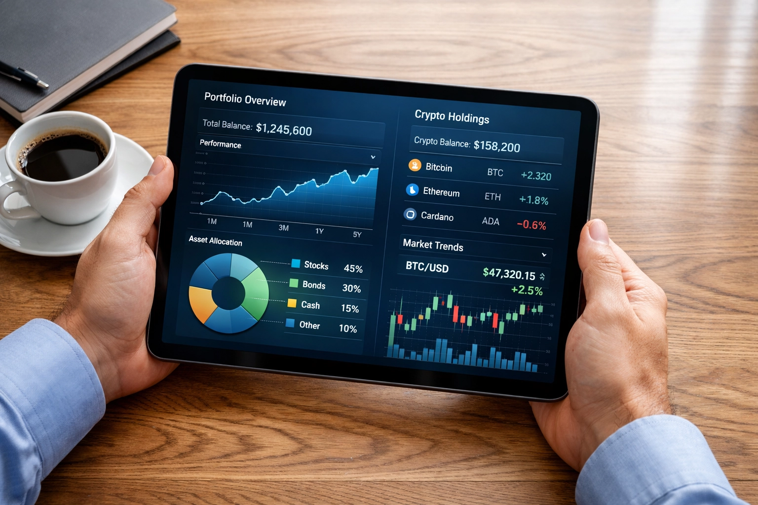 Wealth manager reviewing unified portfolio dashboard with traditional and crypto holdings