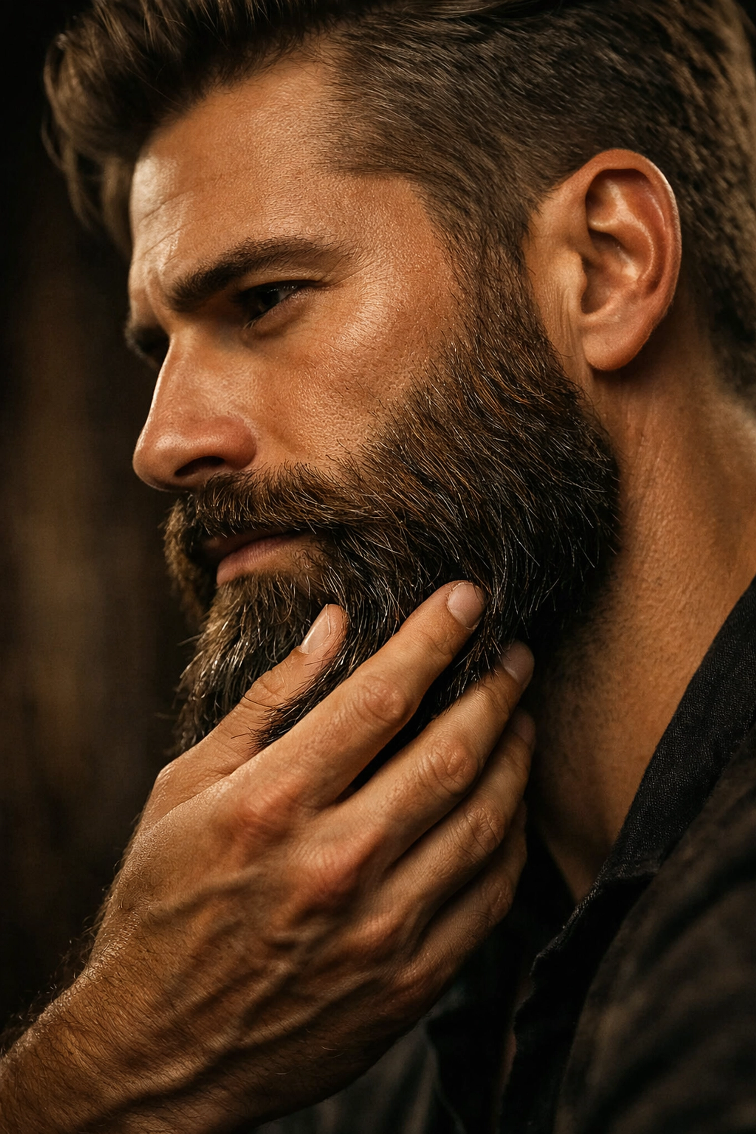 A man running his hand through a soft, healthy groomed beard highlighting premium beard butter results.