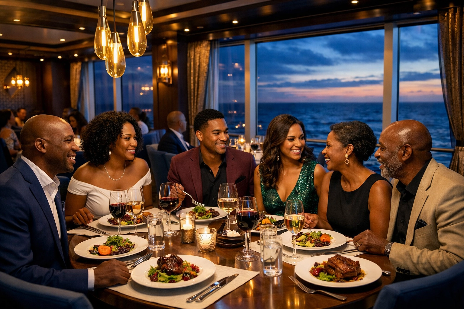 Upscale specialty dining restaurant with ocean views on luxury cruise ship