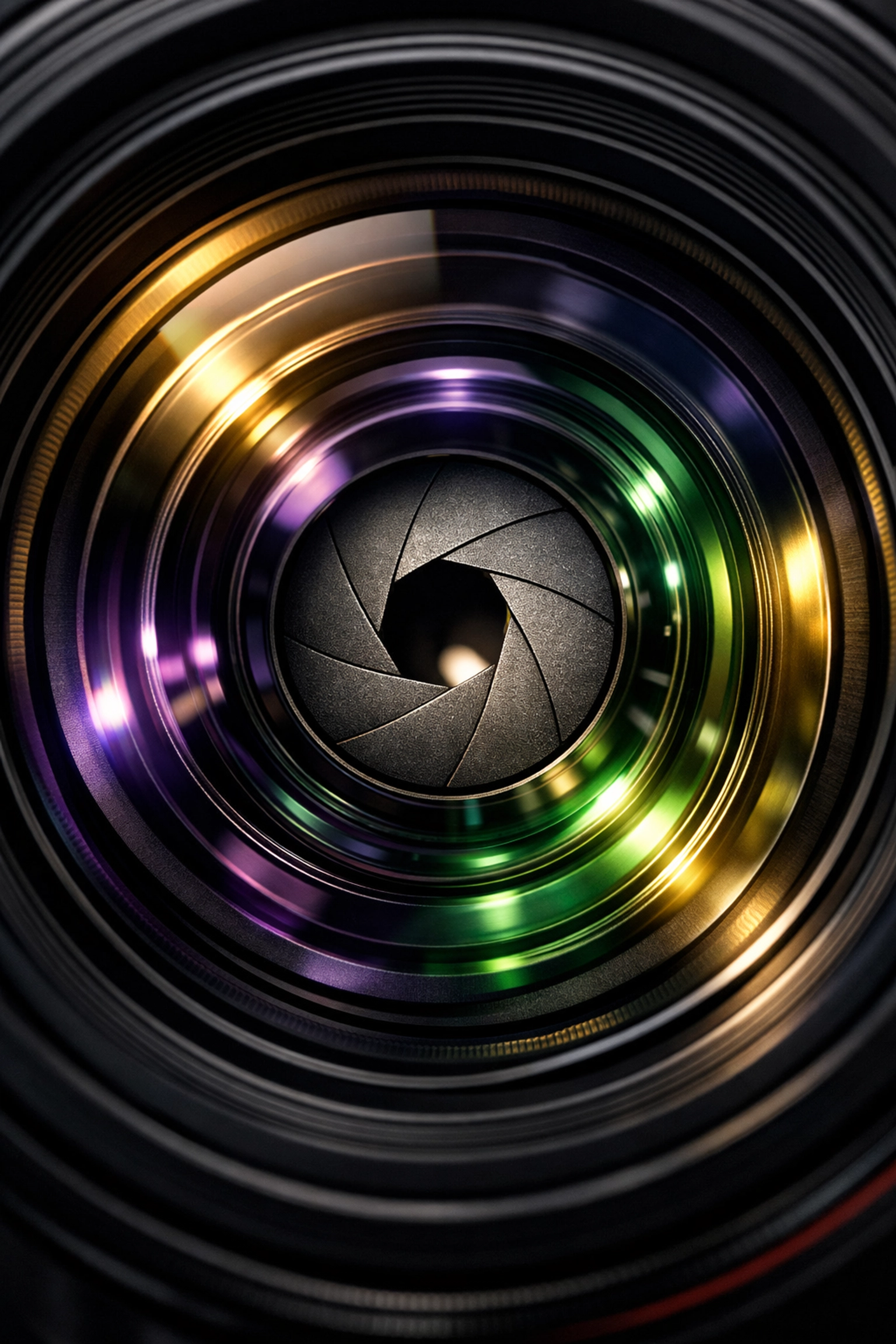 Detailed macro of high-quality glass elements inside one of the best mirrorless camera lenses.