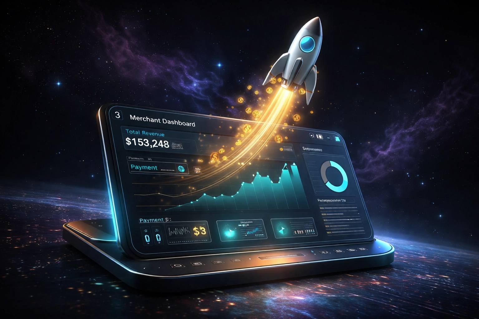 Futuristic merchant dashboard showing global crypto payment analytics and cost savings, emphasizing Larecoin's financial innovation.