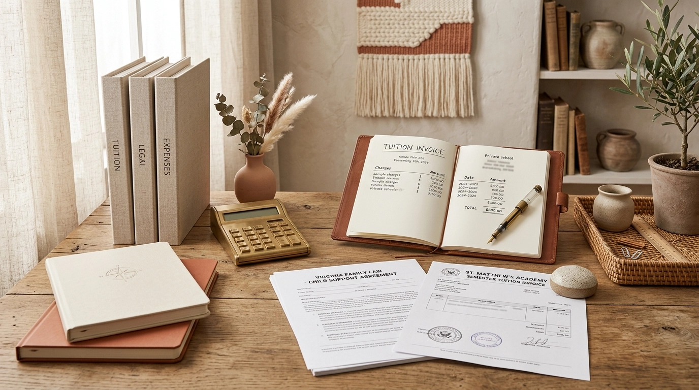 Boho Chic academic desk with tuition paperwork, calculator, notebooks, and Virginia family law documents