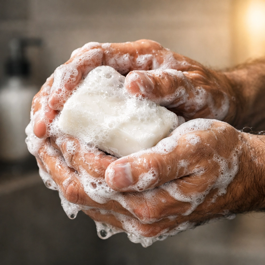 Close-up of a man generating a thick white lather with a solid beard wash bar for facial hair care.