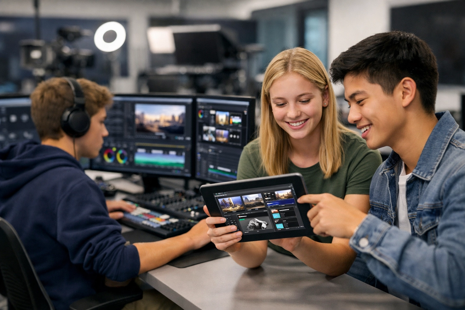 Students engaging in professional-grade digital media production as part of an educational event strategy.