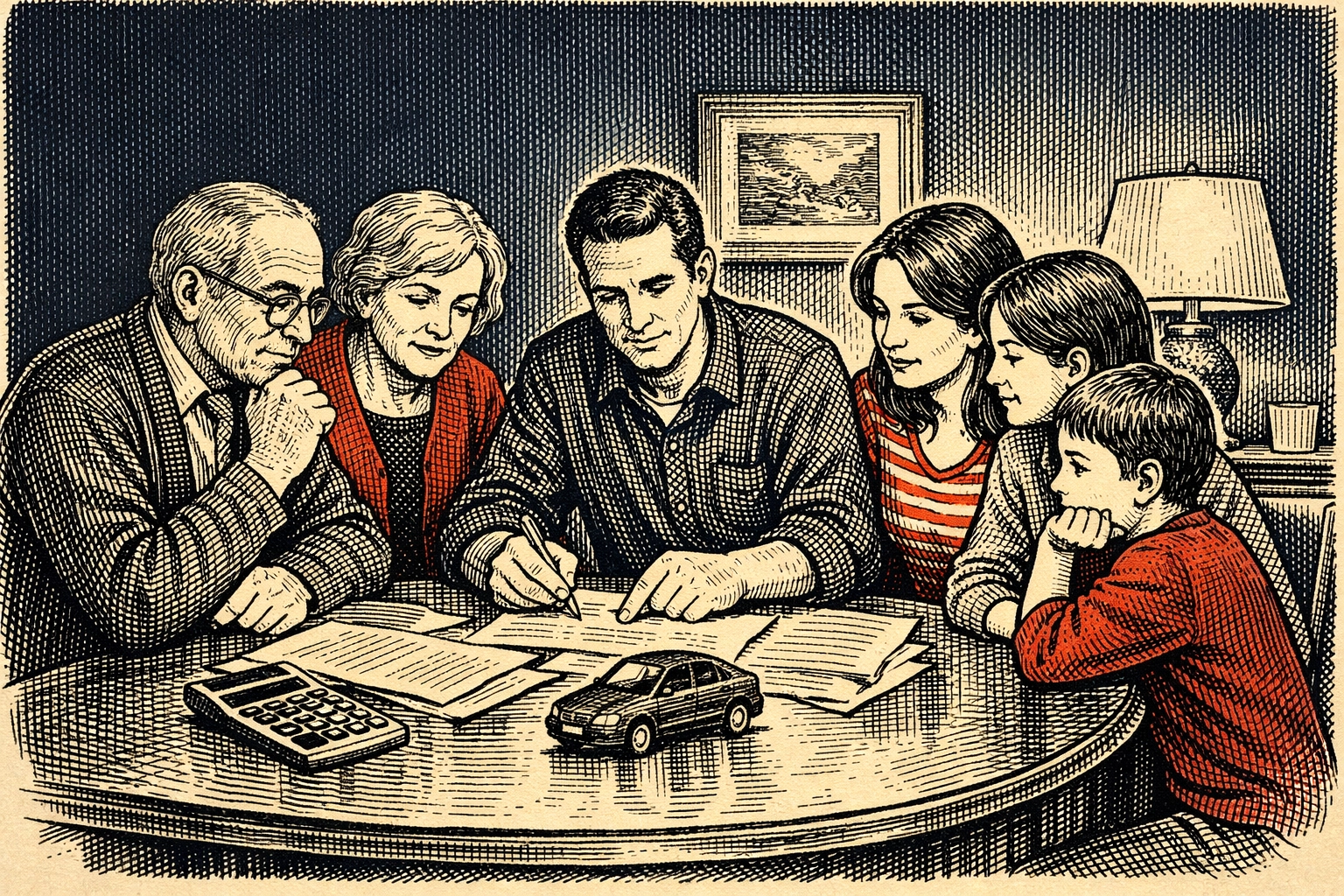 Family gathering around table discussing car purchase decision with calculator and model car