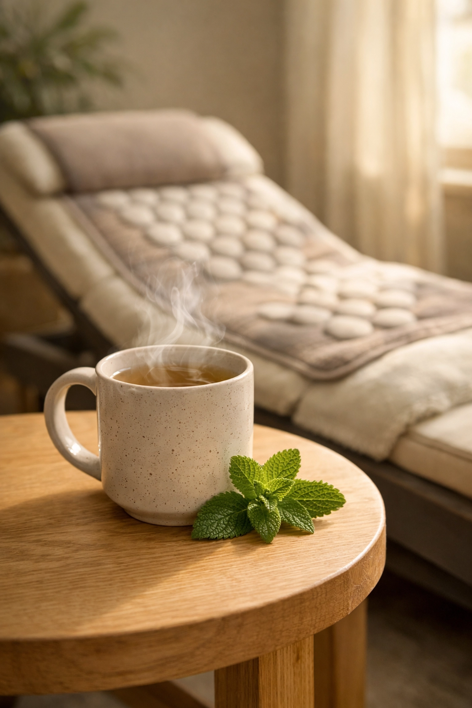 Fresh lemon balm tea beside an acoustic mat for holistic chronic fatigue recovery in Collierville.