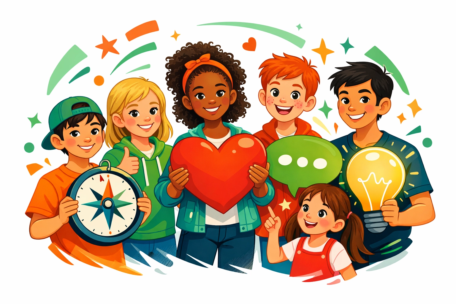 Diverse group of children and teens learning character, communication, and decision-making skills
