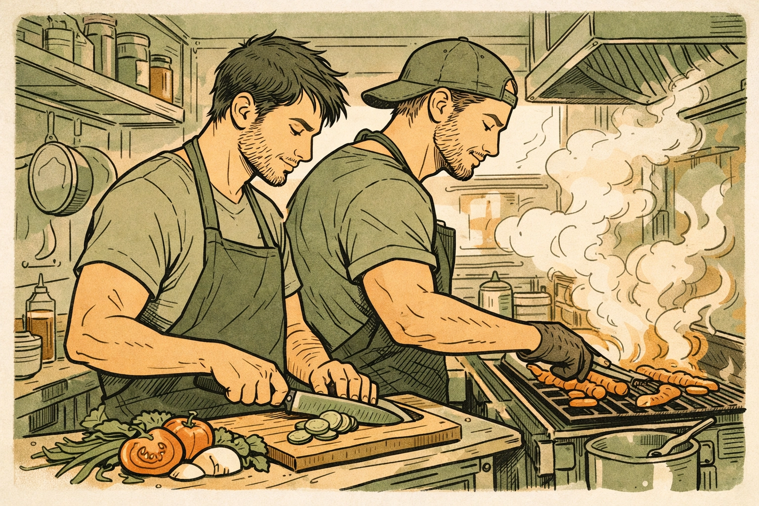 MM romance chefs cooking side by side in cramped food truck kitchen with chemistry