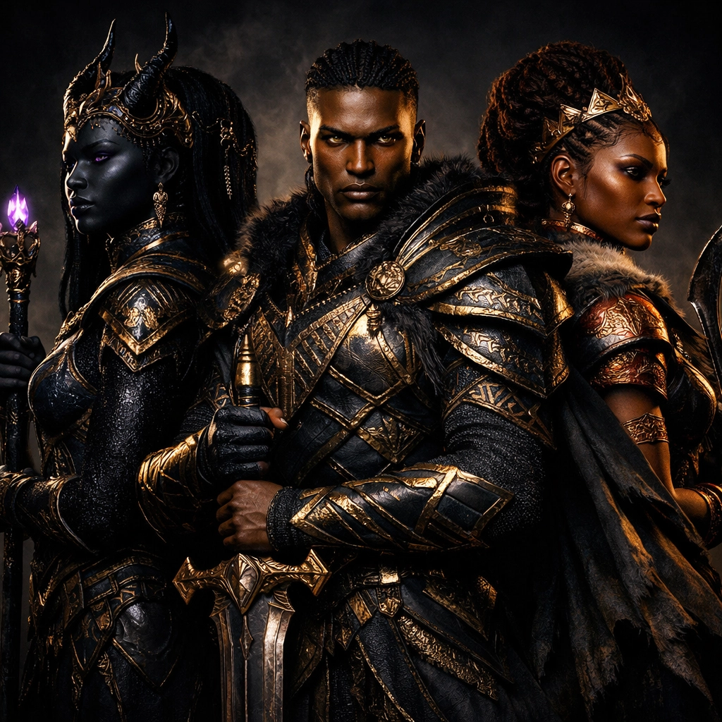 Diverse fantasy characters with various skin tones wearing ornate African-inspired armor.