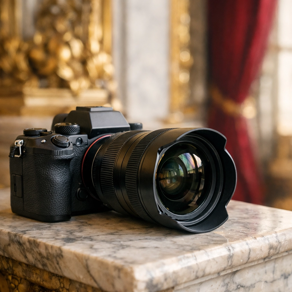 A mirrorless camera with a wide-angle lens ready to capture photo spots inside the Palace of Versailles.