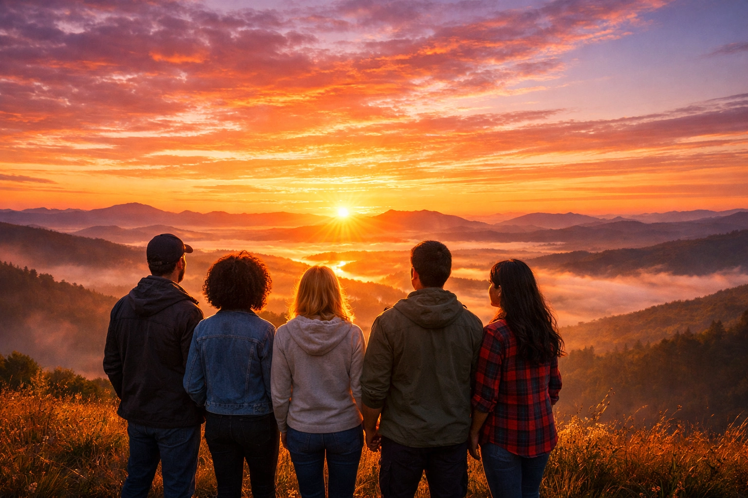 A diverse group of friends watching a beautiful sunrise, symbolizing a global mission to meet Jesus.