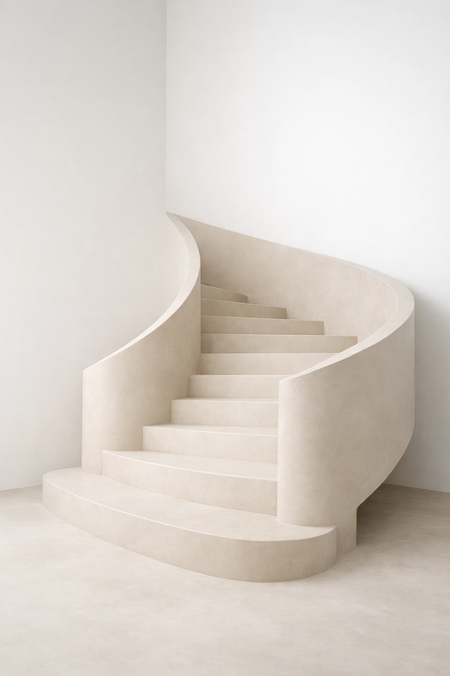 Seamless beige microcement staircase showcasing geometric precision and modern architectural design.