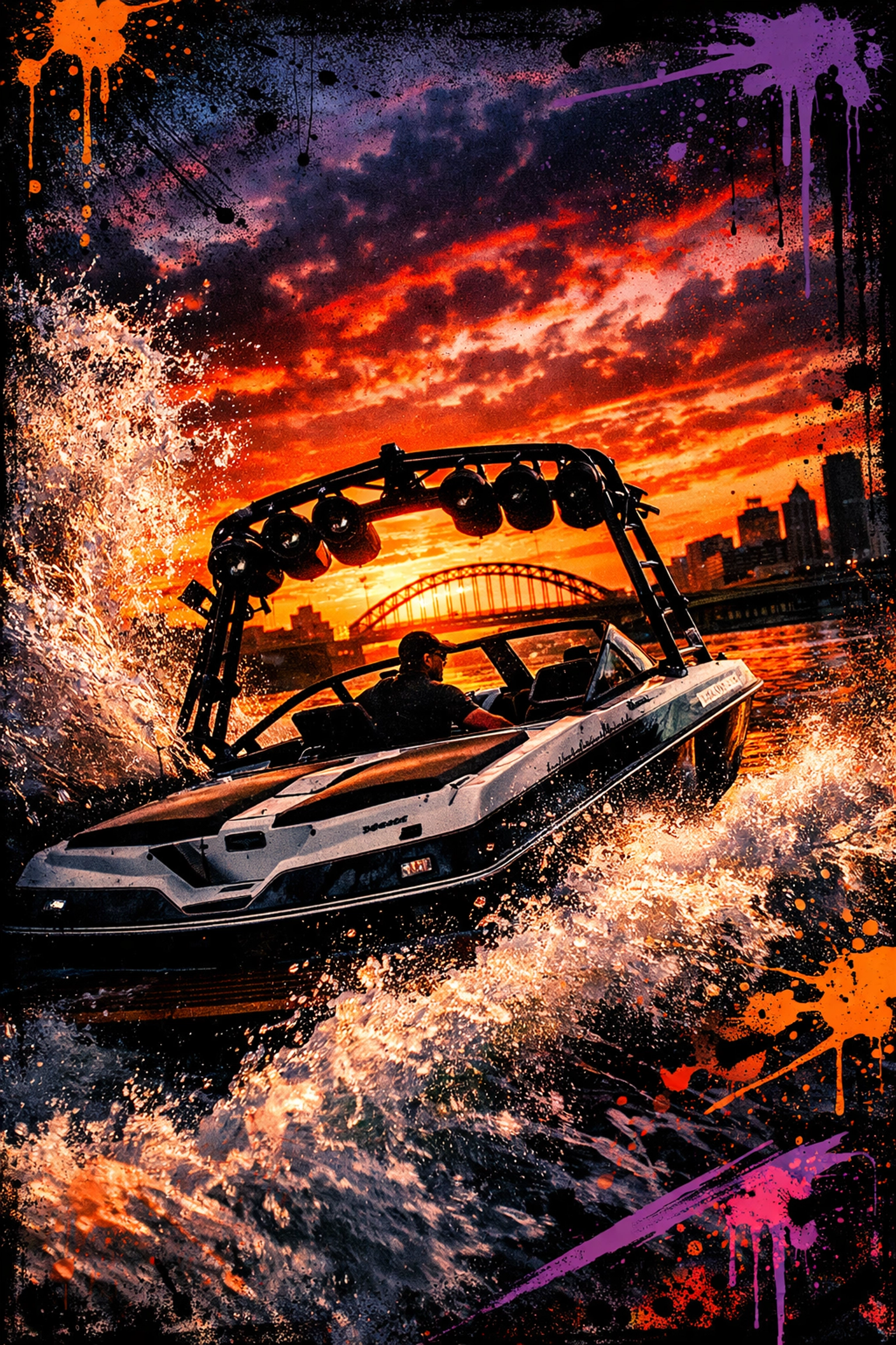 Boat with wake tower speakers cruising Pittsburgh's Three Rivers at sunset