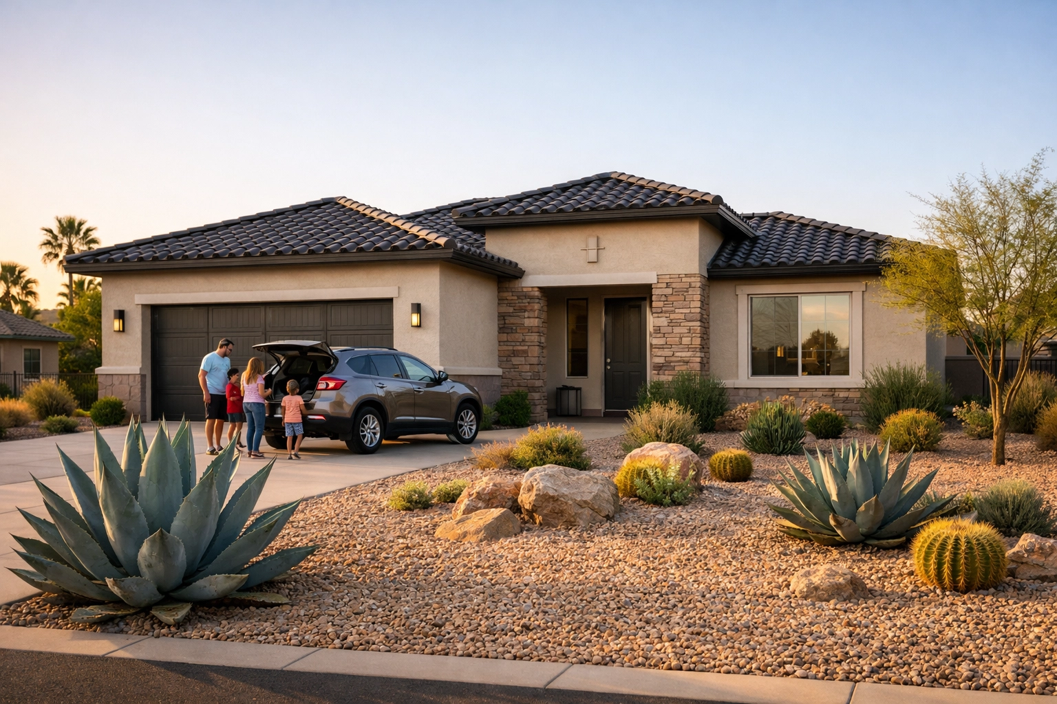 Modern single-story Phoenix home with tile roof and desert landscaping representing 2026 median housing market prices.