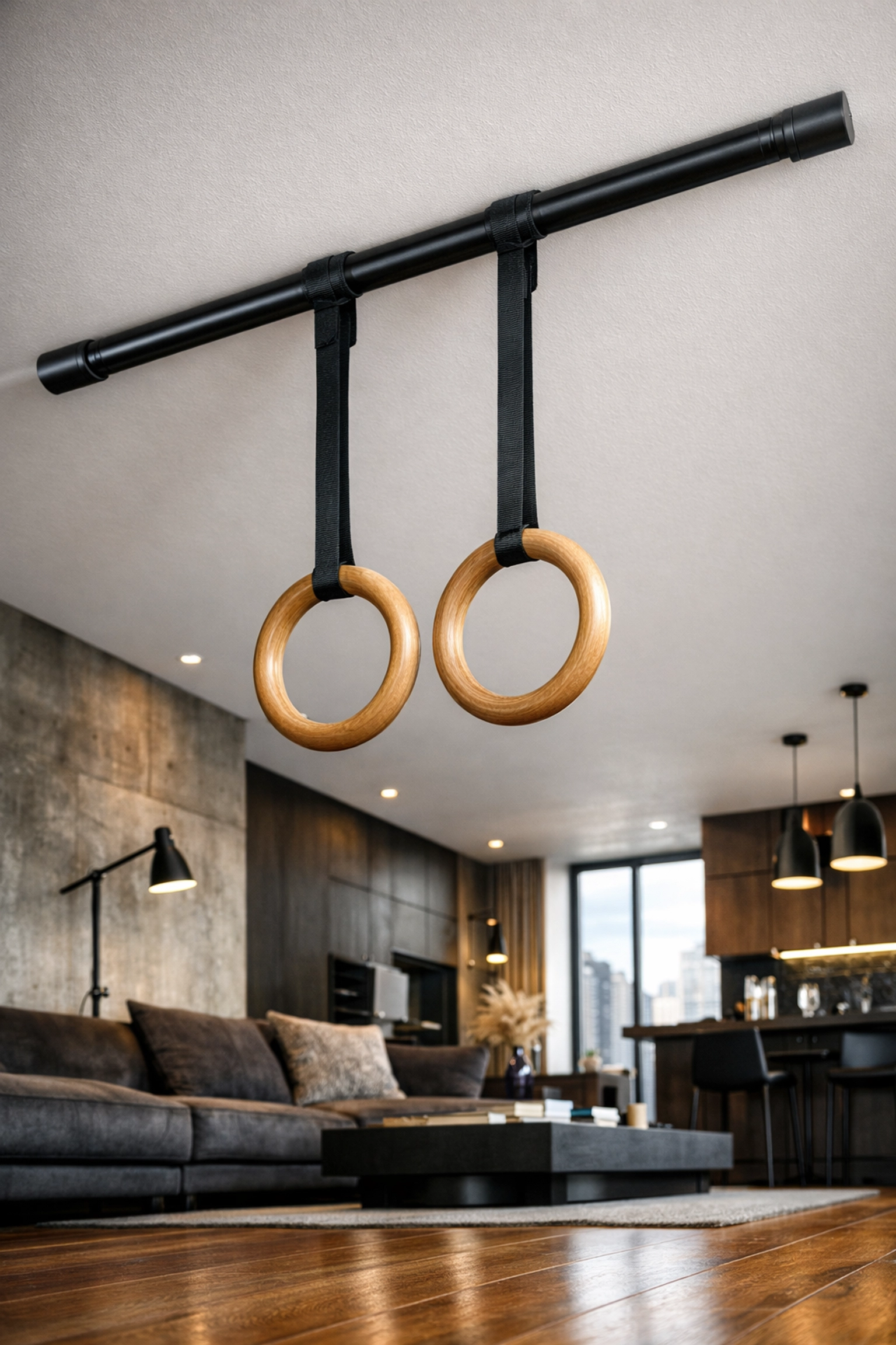 A sleek, floor to ceiling gym rail installed in a modern apartment with no wall damage.