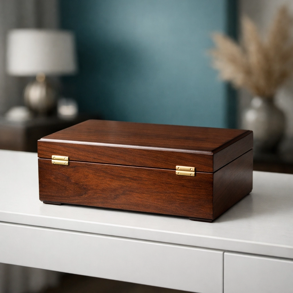 Wooden altar box closed on console table for discreet spiritual practice