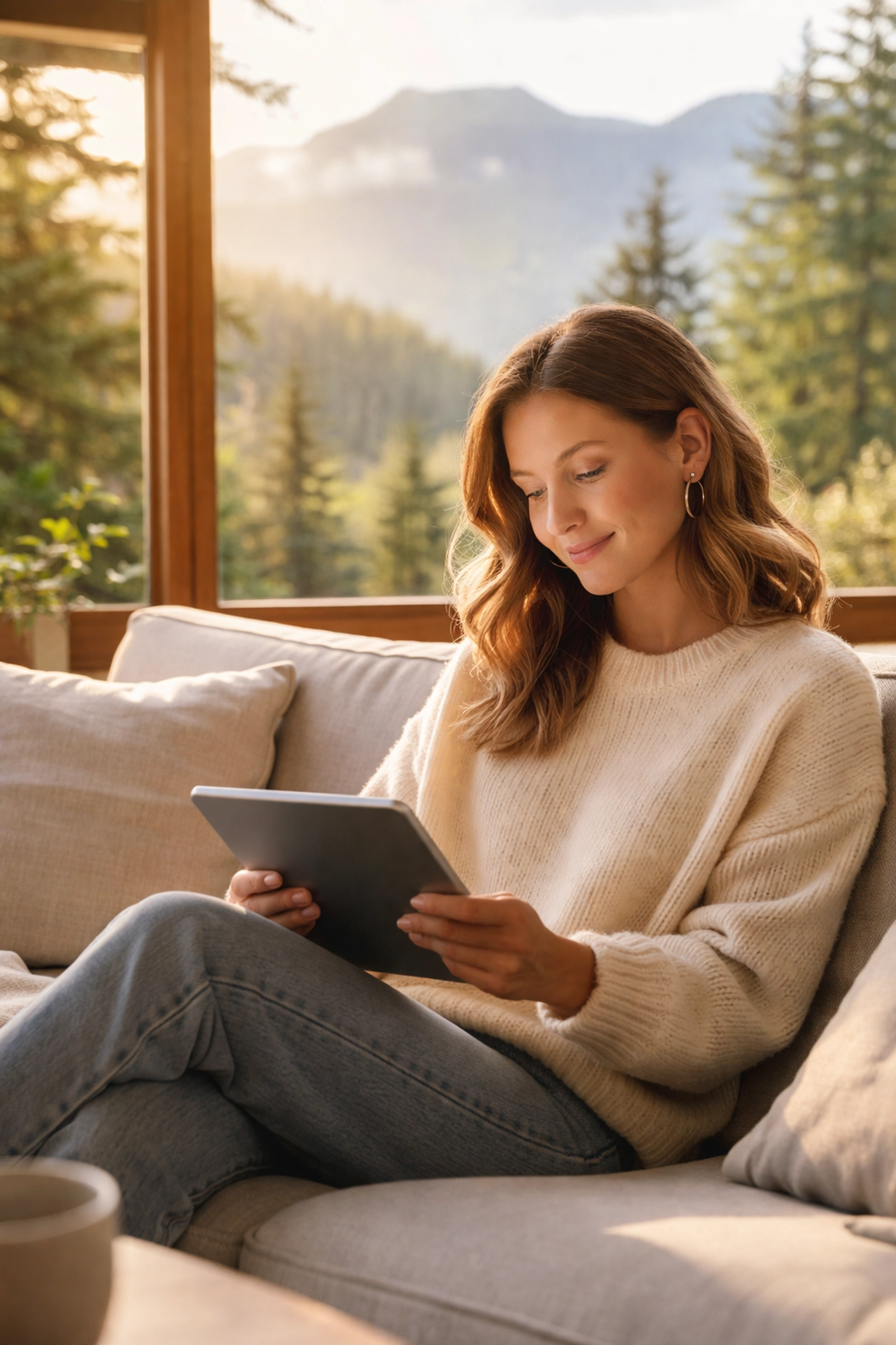 Confident woman in a cozy living room reviews Washington surrogacy laws for gestational surrogacy information.