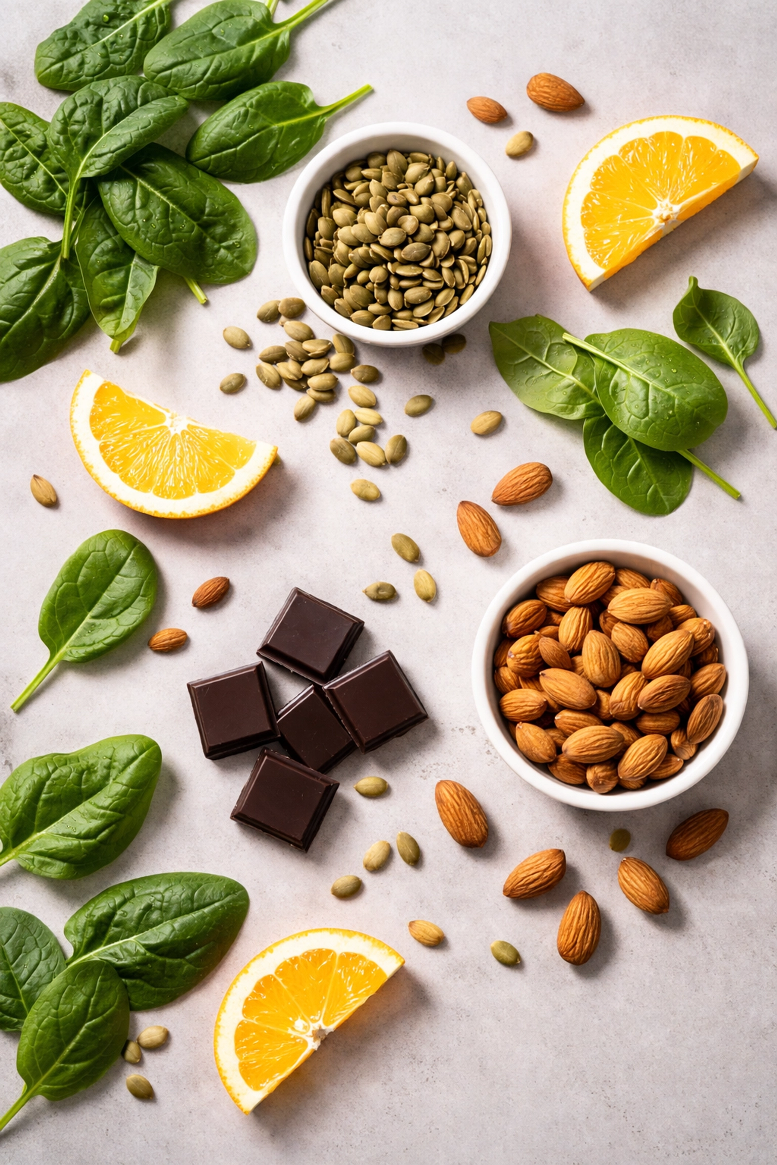 Micronutrient-rich foods including spinach, oranges, pumpkin seeds, and almonds for muscle recovery support