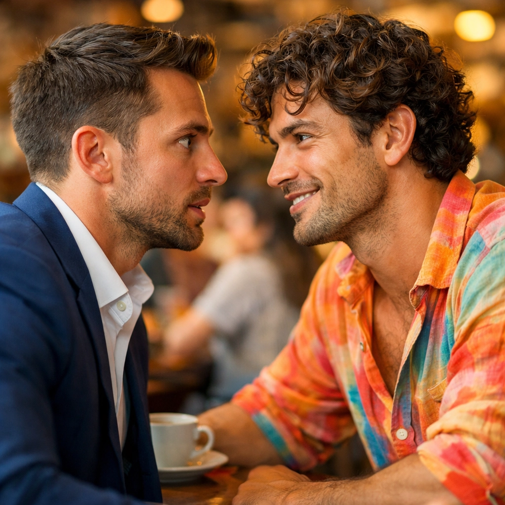 Two men locking eyes in a cafe, capturing the magnetic spark of a first meeting in an M/M romance novel.