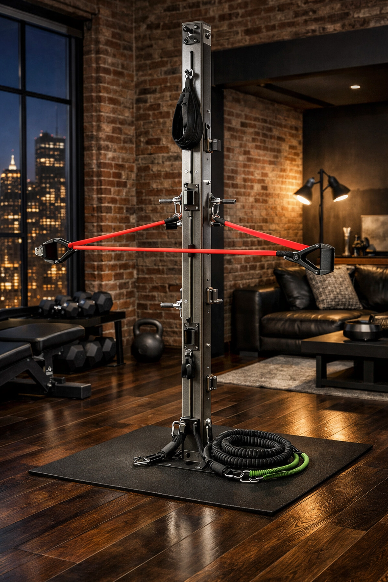 Versatile home gym setup with resistance bands for full body training in a compact urban living space.